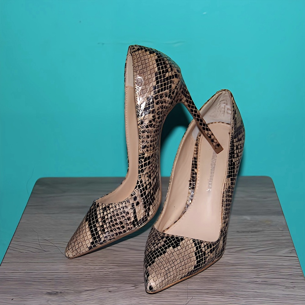 Tan and Black Boston Proper snakeskin pumps